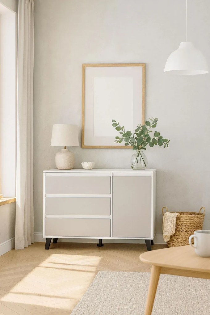 Komoda z szafką i szufladami do salonu biały + kaszmir P1-F59