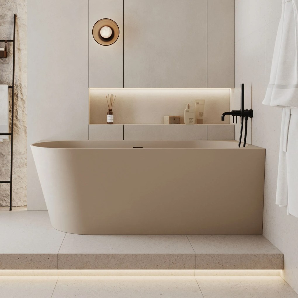 Wanna wolnostojąca narożna WALL Grey Matt / Glow prawa konglomerat szara błyszcząca/matowa 160 x 75 cm z przelewem typu SLIM : Kolor wanny - Beż matowy