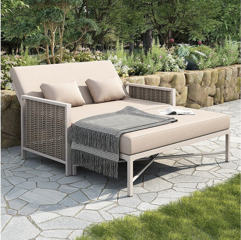 Sofa ogrodowa 2-osobowa - 151,3 x 131,5 x 91 cm - sofa z regulowanym oparciem + chowany podnóżek - Poliester - beż