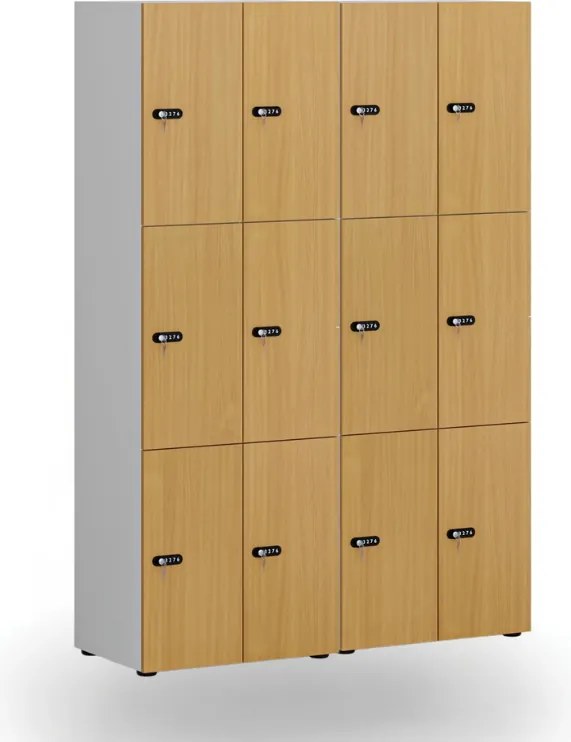 Drewniana szafka skrytkowa S4, 6 schowków, demontaż, zamek mechaniczny z kodem, szary/buk