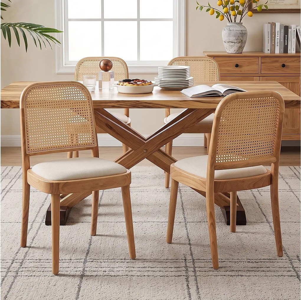 Zestaw 4 krzeseł do jadalni bez podłokietników z oparciami z rattanu - lite drewno, rattan i len - 52 x 45 x 84 cm - naturalne drewno