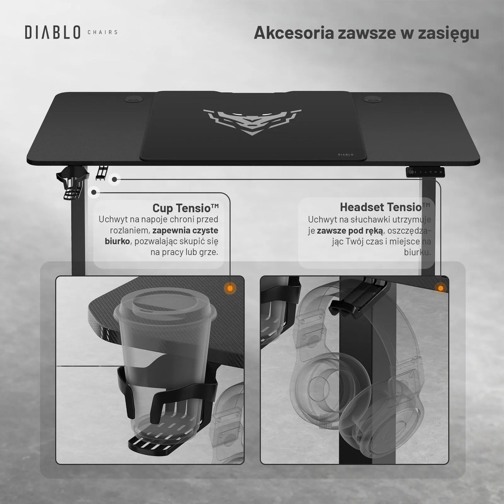 Biurko gamingowe elektryczne Diablo X-Tensio 140 cm, kolor czarny carbon