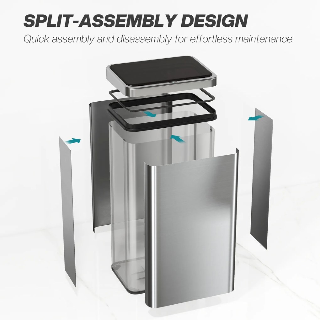HOMCOM Kosz na śmieci z czujnikiem 50L Stal nierdzewna Automatyczny kosz z miękkim zamykaniem pokrywy Czujnik ruchu 35,5 x 26 x 67 cm Srebrny | Aosom PL