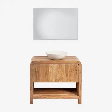 Zestaw Mebli Łazienkowych Z Drewna Vacry Akacja Brąz & Cement Okrągły Biały Ø40 Cm Zavion & Prostokątna Lampa Led I Przeciwmgielna 100x70 Cm Riben & B