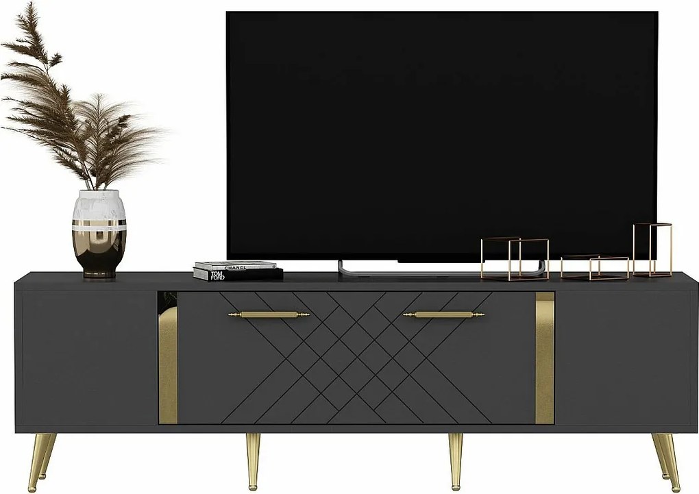 Nowoczesny stolik pod TV – 150 cm x 48,2 cm x 35 cm – Antracyt i złoto – Płyta wiórowa pokryta melaminą
