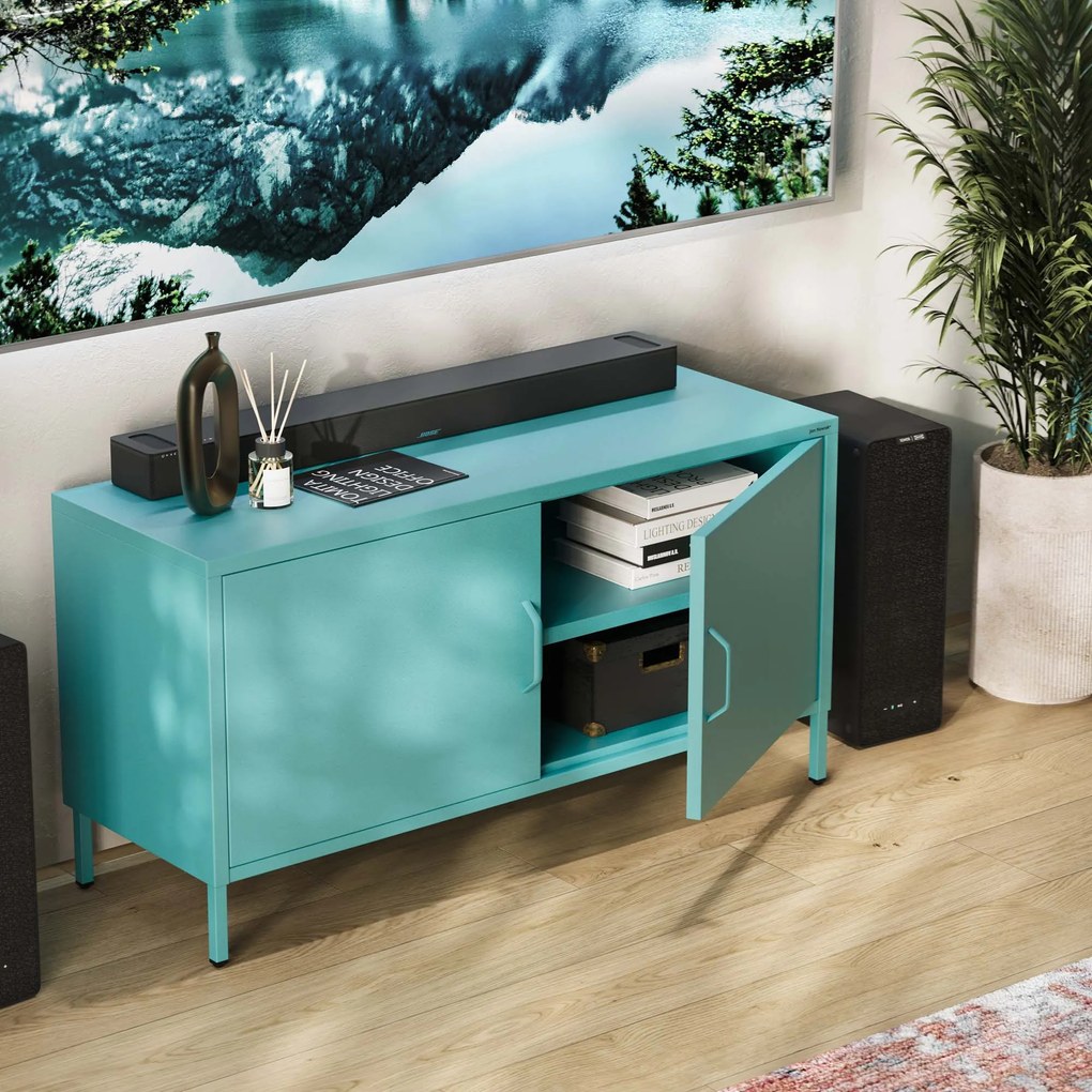 Szafka RTV metalowa na nóżkach morska, 1150x595x400 mm: ROSA Modern