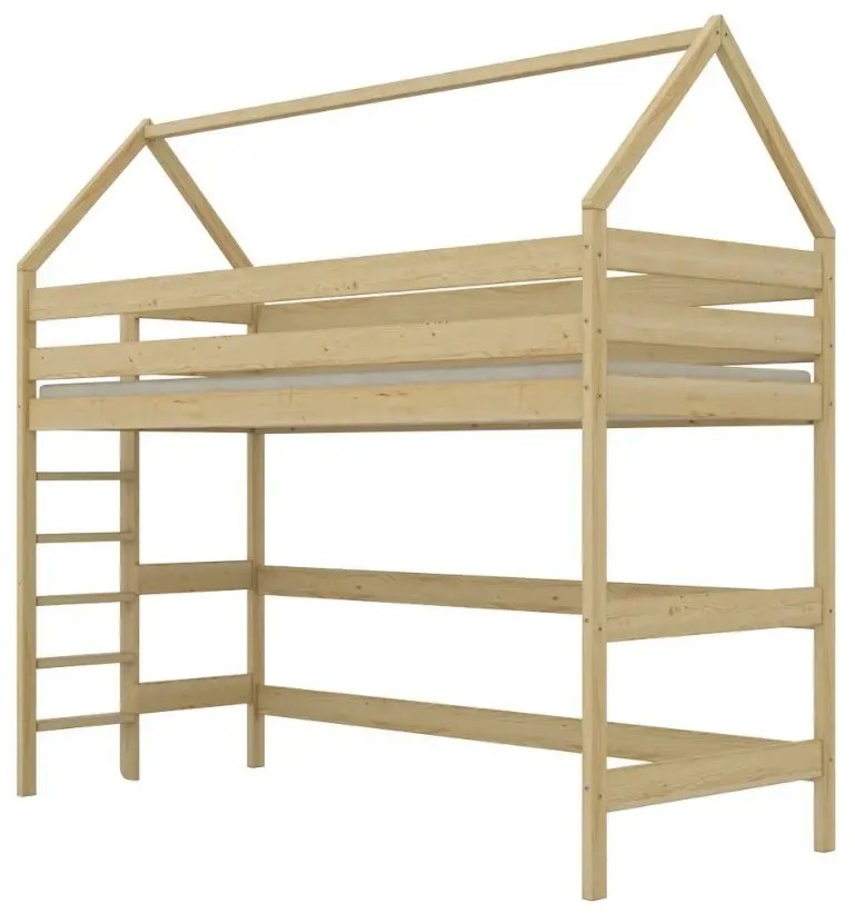 Łóżko domek na antresoli TOBI 1 180x80 sosna naturalna lakierowana  KOCOT KIDS