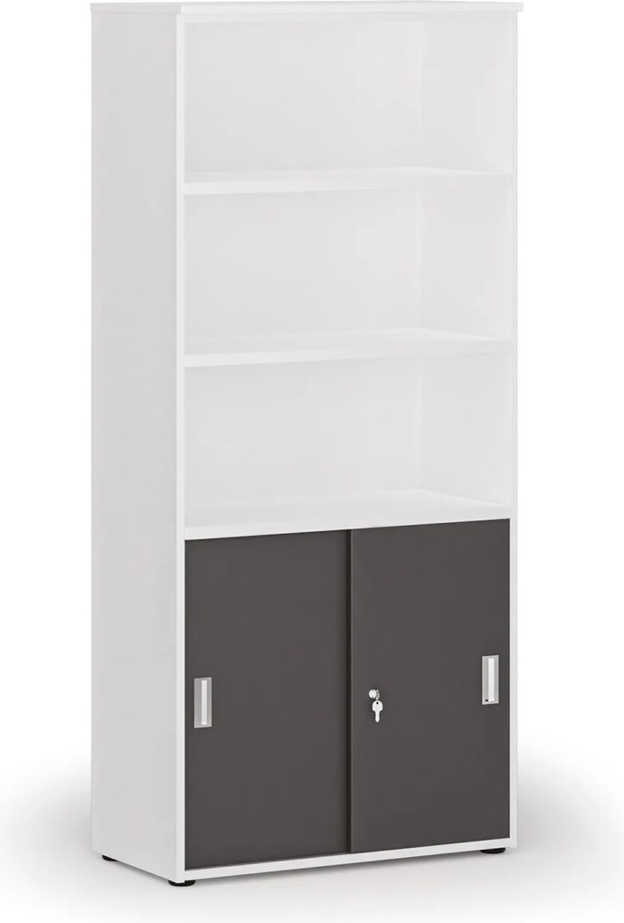 Szafa biurowa kombinowana PRIMO WHITE, drzwi przesuwne na 2 poziomach, 800 x 420 x 1781 mm, biały/grafit