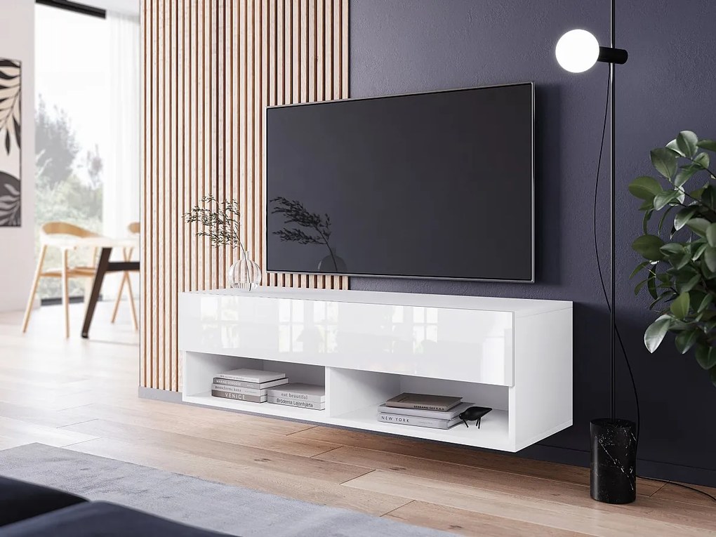 Nowoczesna szafka RTV 100 cm z LED – bezuchwytowa, korpus biały mat, fronty biały połysk, stojąca lub wisząca