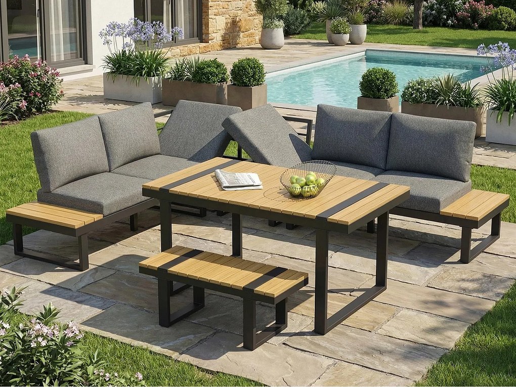 Salon ogrodowy - zestaw mebli - 6 osób - z żelaza ocynkowanego - kanapa narożna - ze stołem i ławką - blat z tworzywa drewnopodobnego - Szary