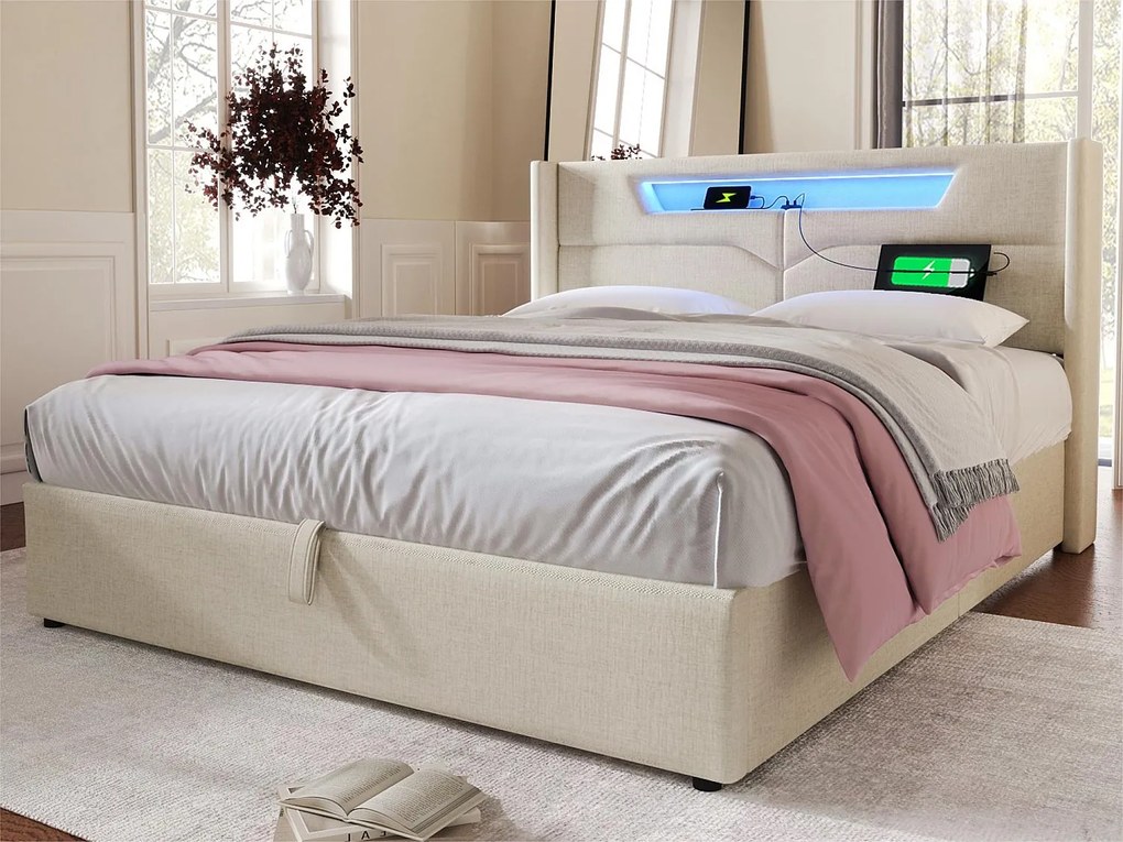 Łóżko tapicerowane 140x200cm z tkaniny lnianej - z LED i portami ładowania - z stelażem na listwy - Beżowe
