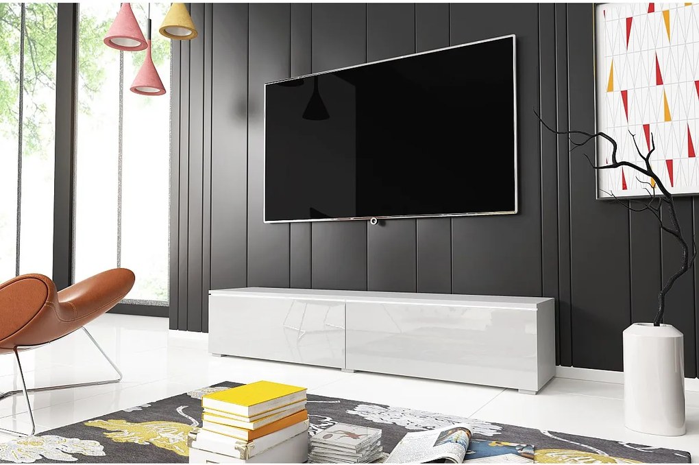 Nowoczesna szafka RTV 140 cm do salonu z LED 2-drzwiowa, bezuchwytowa, korpus biały mat, fronty biały połysk, stojąca lub wisząca