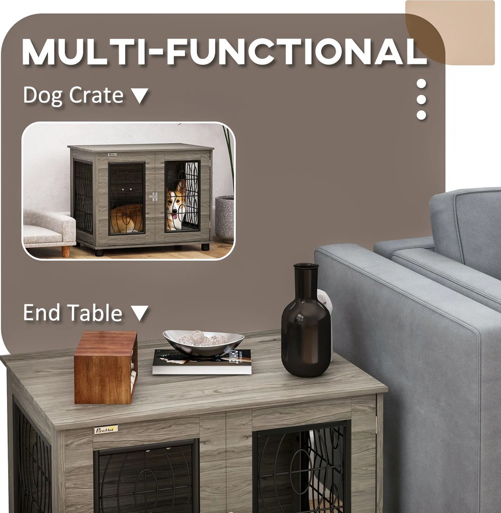 PawHut Klatka dla psów z miękką poduszką, do 20kg/50cm długości ciała, Metal, 80x56x63cm, Szary/Dekor drewna