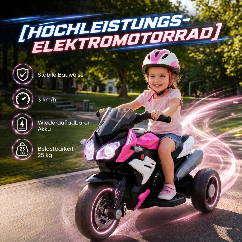 HOMCOM Elektryczny motocykl dziecięcy, światła i dźwięki, 3 km/h, akumulatorowy, tworzywo sztuczne i metal, Różowy/Biały | Aosom PL