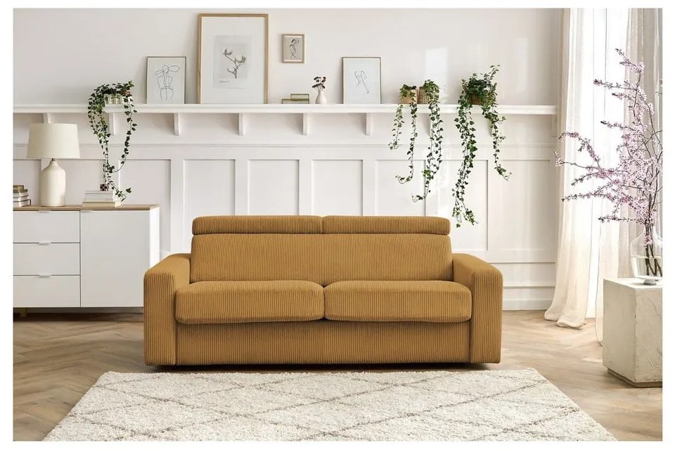 Musztardowa sztruksowa rozkładana sofa 215 cm Monaco – Bobochic Paris