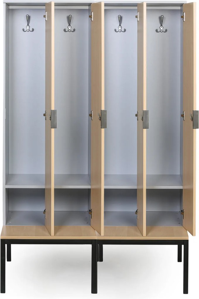 Drewniana szafa ubraniowa S4 z ławką, 4-drzwiowa, 1871 x 1200 x 500/800 mm, demontaż, zamek kodowy, szary/buk
