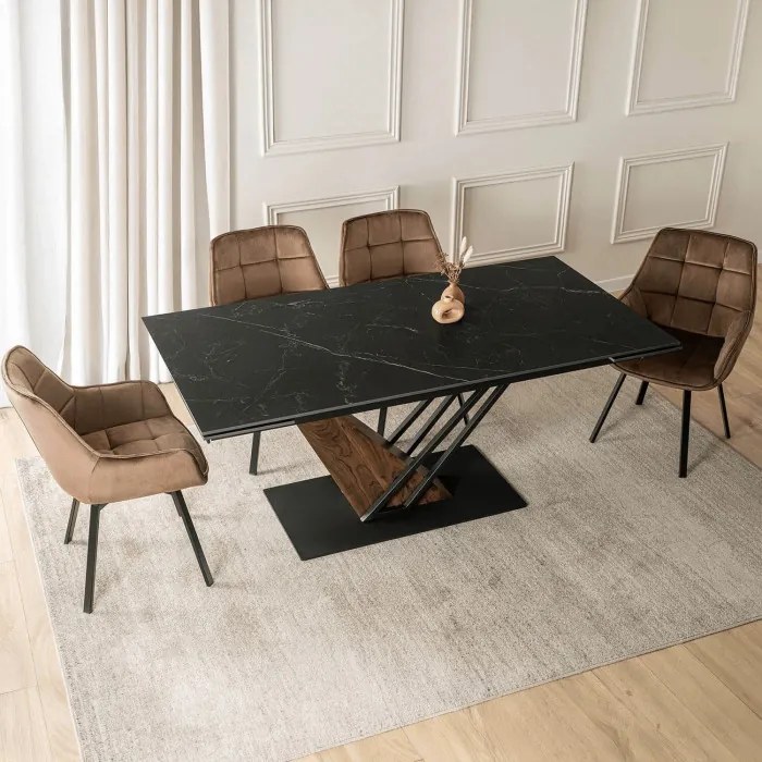 Stół Rozkładany Prostokątny REX 2 180-240 cm Ceramiczny Czarny Marmur/Orzech do Jadalni Nowoczesny Loft