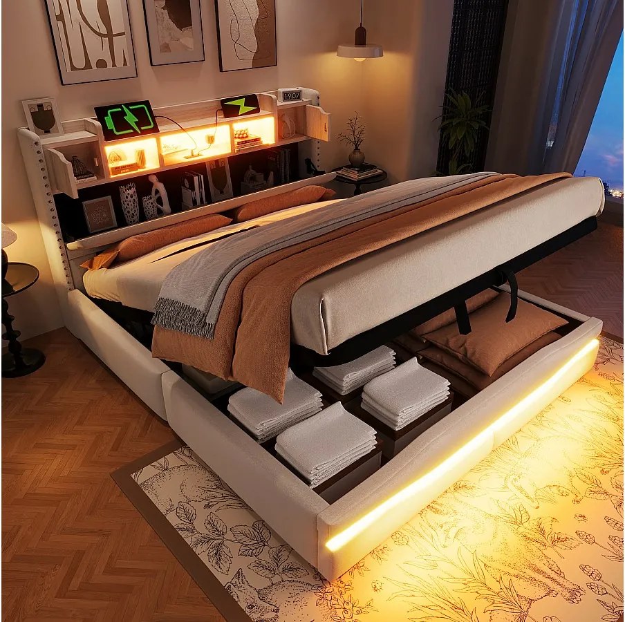 Łóżko z pojemnikiem 160 x 200 cm – z podnośnikiem hydraulicznym i oświetleniem LED – beżowy len – materac nie jest wliczony w cenę