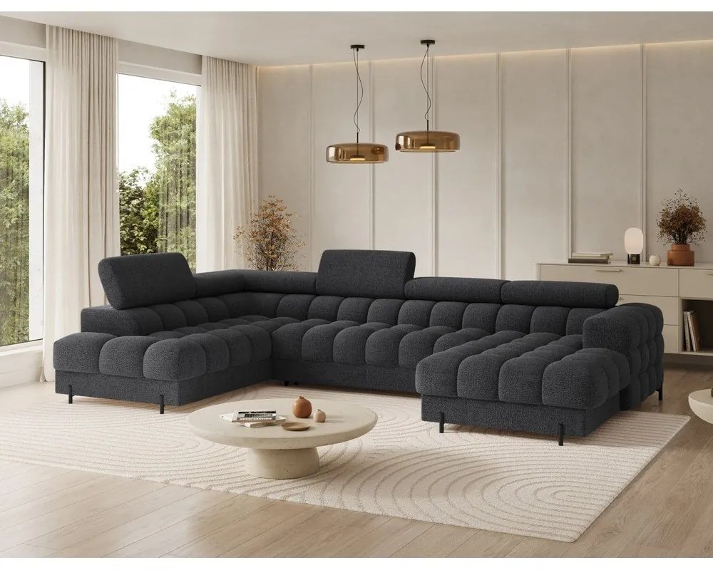 Ciemnoszary rozkładany narożnik z materiału bouclé (lewostronny/w kształcie litery U) Feraria – ELTAP