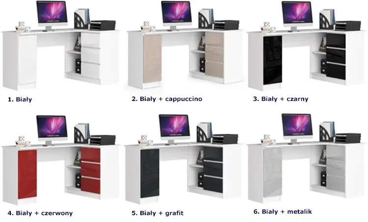 Biurko duże narożne komputerowe biały + czarny połysk prawostronne G0-K60