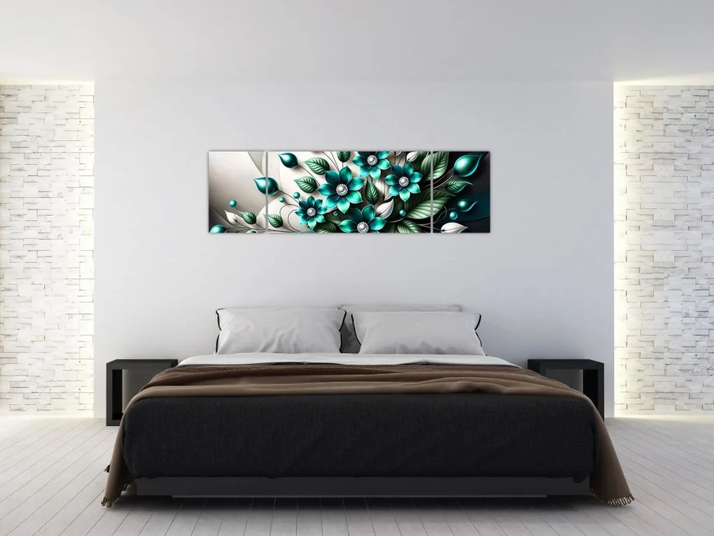 Obraz - 3D turkusowe kwiaty (170x50 cm)