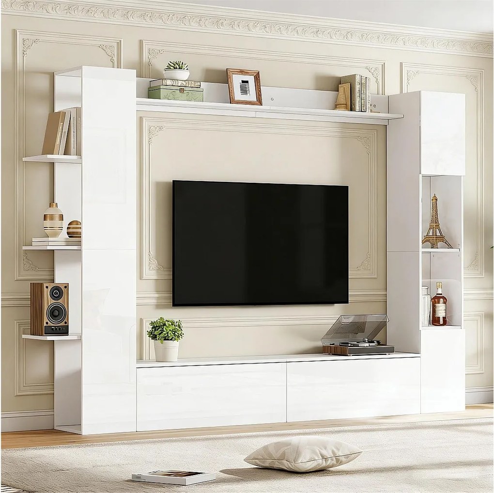 Zestaw mebli TV do salonu - Witryna, meble TV, otwarte półki - Błyszczące wykończenie - MDF - Biały