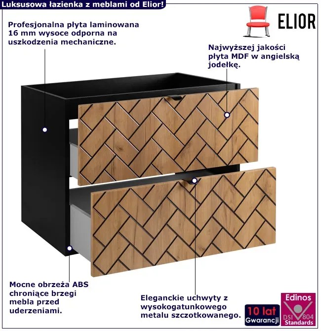 Nowoczesna szafka pod umywalkę z 2 szufladami 80 cm czarny + dąb craft złoty Z5-P39