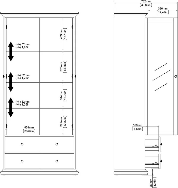 Dwudrzwiowa witryna z szufladami Paris, kolor szary
