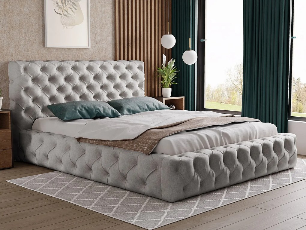 Emporius Glory łóżko tapicerowane pikowane - eleganckie łóżko 200x200 w stylu glamour - pojemnik i stelaż, tkanina aksamitna, jasny szary (Paros 5)