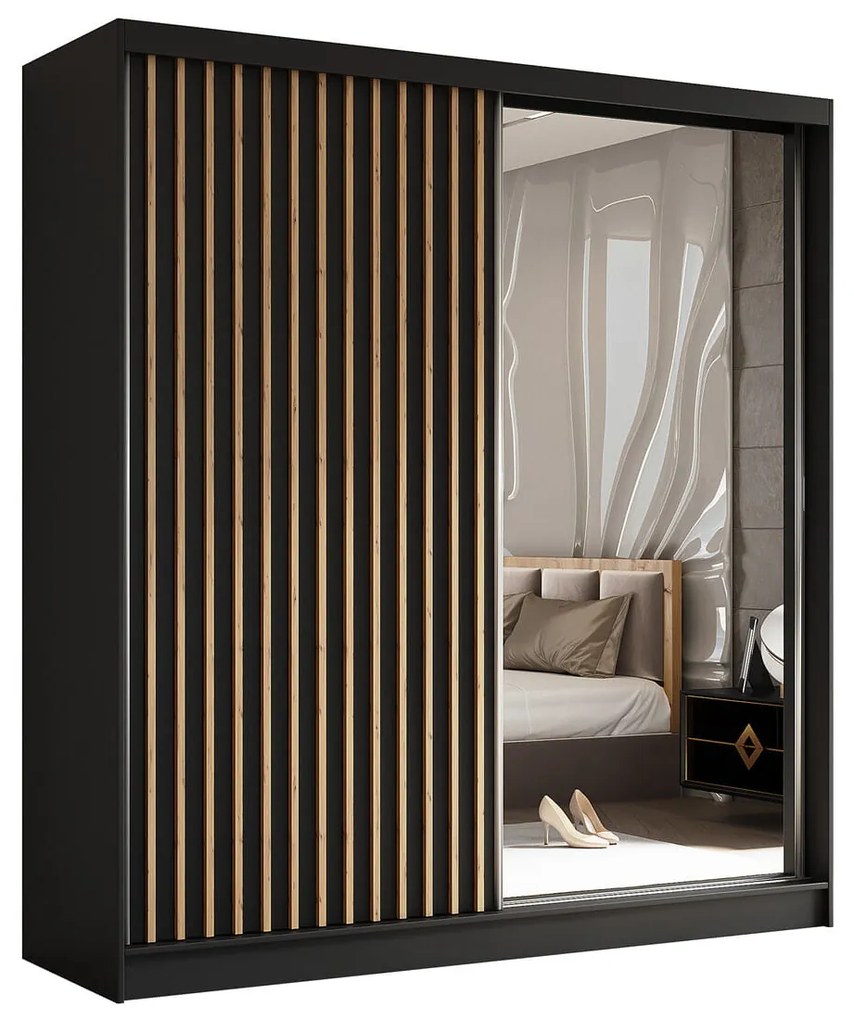 Szafa przesuwna - Lameo z lustrem 200 cm, czarny mat | lamele dąb artisan
