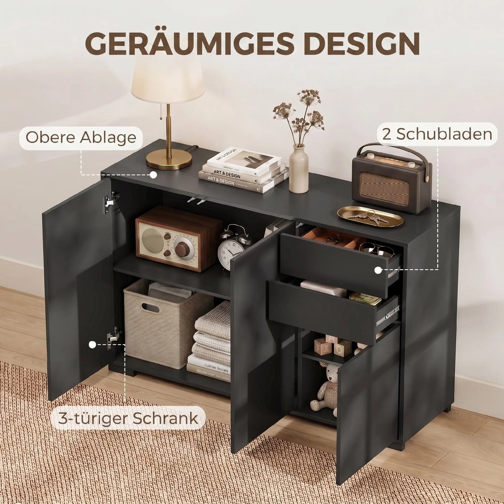 HOMCOM Sideboard Komoda, 2 szuflady, Push-Click, 117 cm x 36 cm x 74 cm, Czarny | Aosom PL