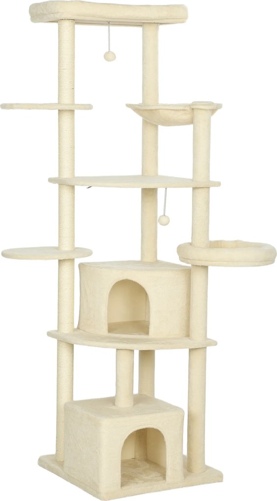 PawHut 2-metrowy drapak dla 2-3 kotów, słupki do drapania, kryjówki, hamak, miejsca do ukrycia, wielopoziomowy design, sizal, drewno, plusz, beżowy