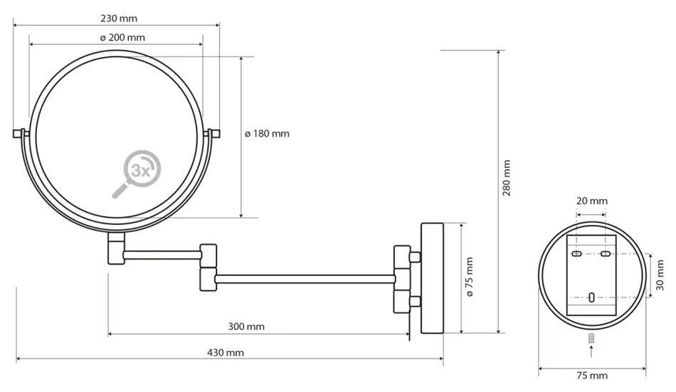 SAPHO XR006 X-Round Wiszące lusterko kosmetyczne, śr. 20 cm, srebrny