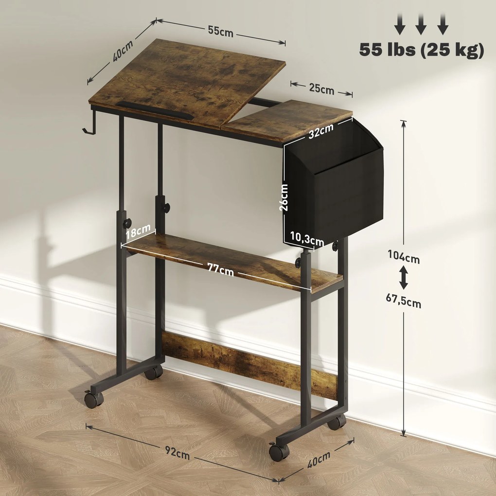 HOMCOM Stojące biurko z regulowaną wysokością i nachyleniem blatu, kółkami, półką, do pisania, czytania, rysowania, Rustykalny Brąz