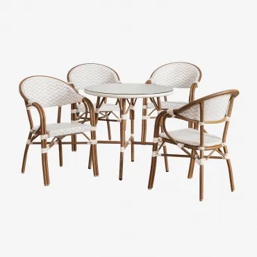 Zestaw Okrągłego Stołu Brielle Bistro O Średnicy 80 Cm I 4 Składane Krzesła Aluminiowe Z Podłokietnikami. Nude Beżowy - Gardenia Biel - Sklum