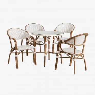 Zestaw Okrągłego Stołu Ø80 Cm I 4 Sztaplowanych Krzeseł Jadalnianych Z Podłokietnikami Z Aluminium Brielle Bistro Nude Beżowy - Gardenia Biel - Sklum