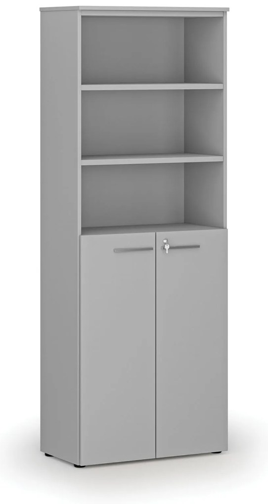 Szafa biurowa kombinowana PRIMA GRAY, drzwi na 3 poziomach, 800 x 420 x 2128 mm, szary