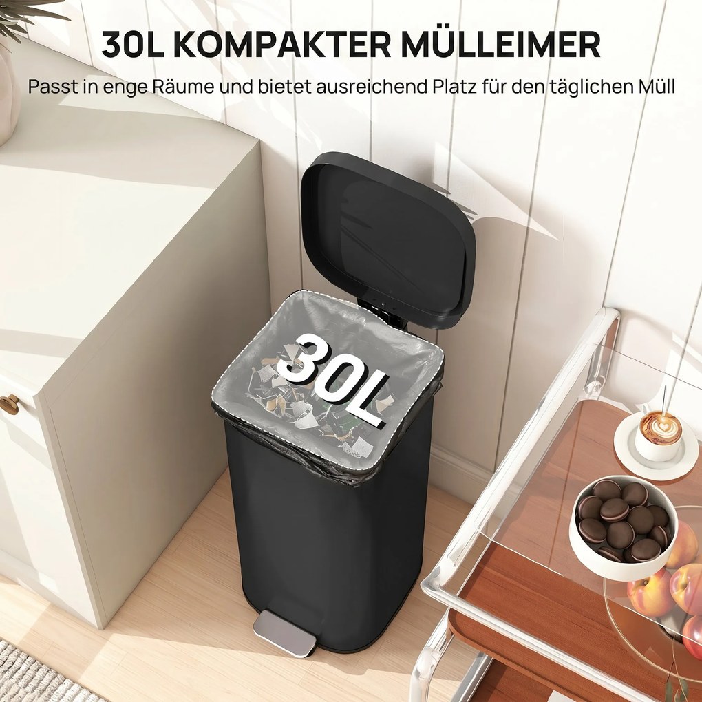 HOMCOM 30 L kosz na śmieci do kuchni, pedałowy z pokrywą, Soft-Close i funkcja utrzymania otwarcia, do kuchni i domu | Aosom PL