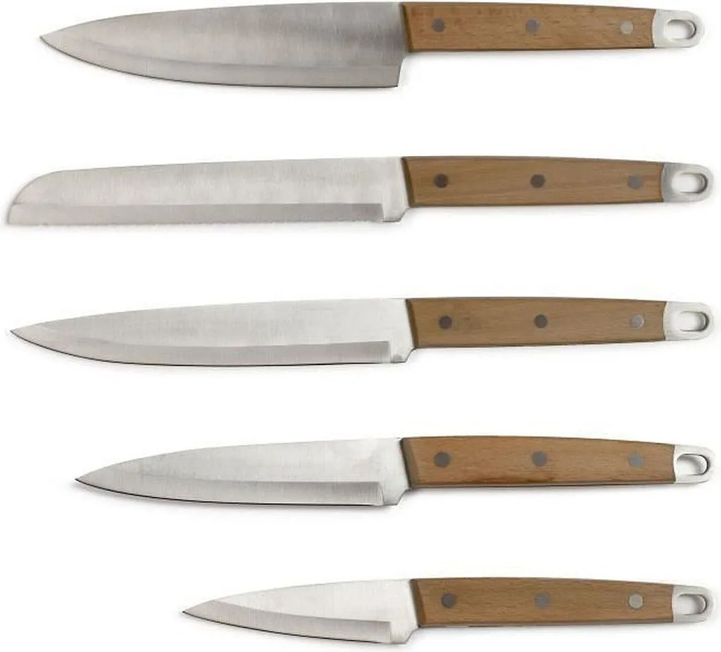 Zestaw 5 noży ze stali nierdzewnej LIVOO z drewnianymi uchwytami bukowymi - szefa kuchni, do chleba, kuchenny, do porcjowania, uniwersalny, matowe wykończenie
