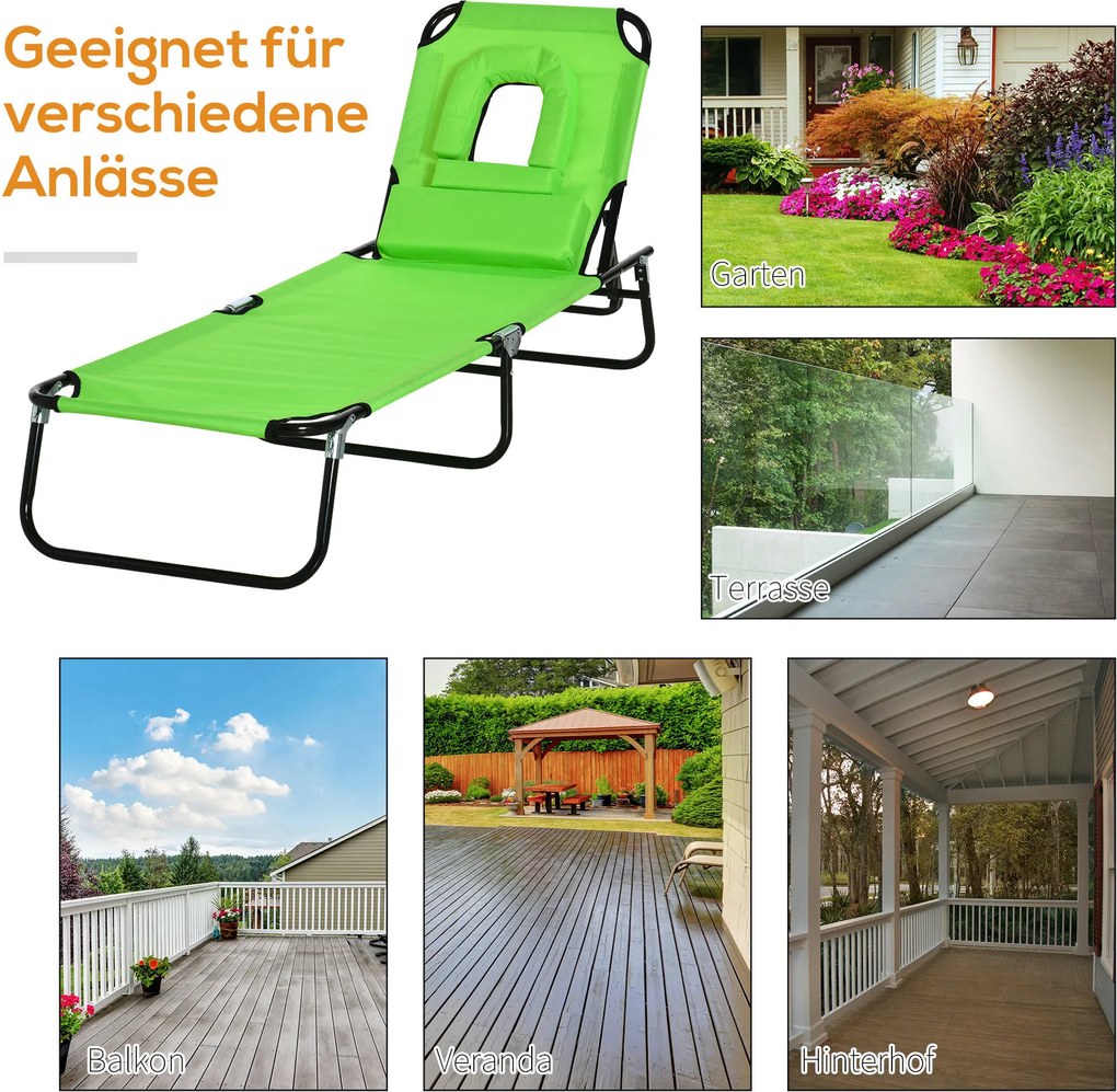 Outsunny Leżak z otworem na twarz & poduszką, składany, wodoodporne pokrycie, metalowy stelaż, zielony | Aosom PL