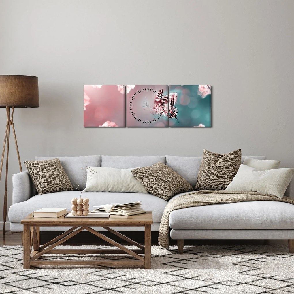 Obraz - Motyl wśród kwiatów (z zegarem) (90x30 cm)