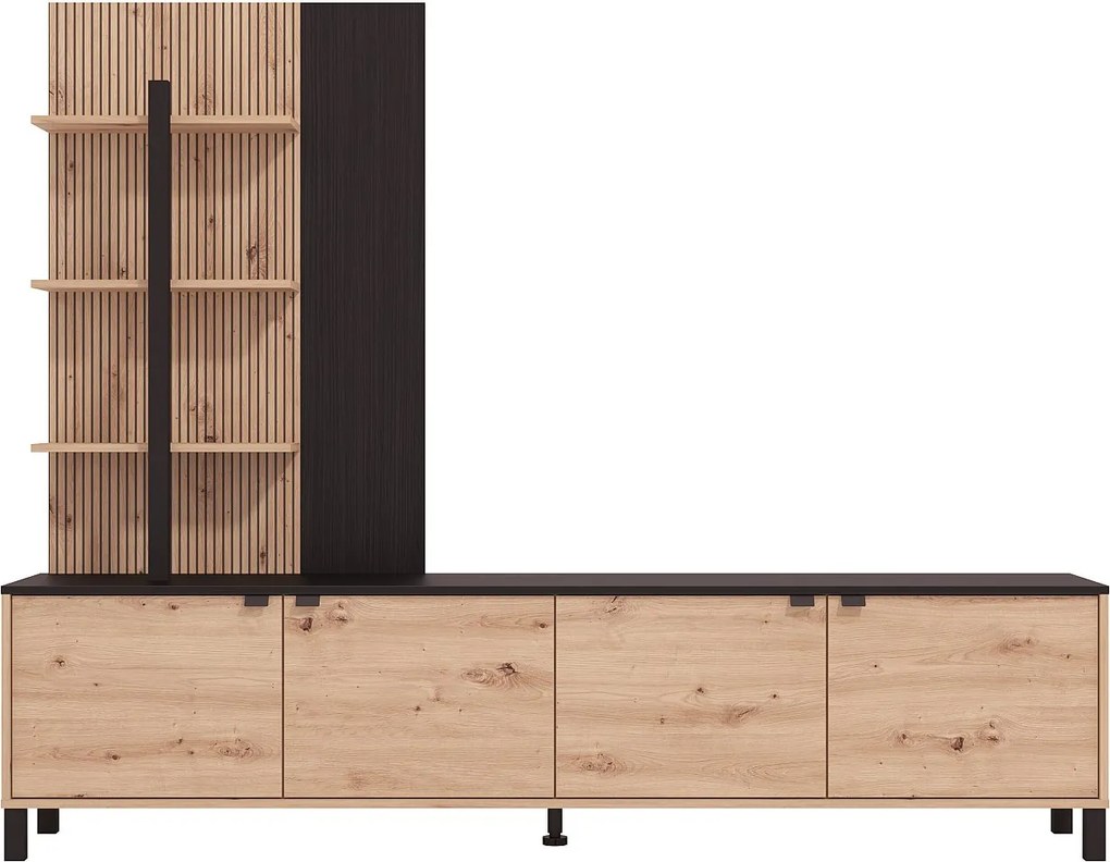 Ścianka RTV z 4 szafkami i 3 półkami - Naturalny i Czarny - NUJA