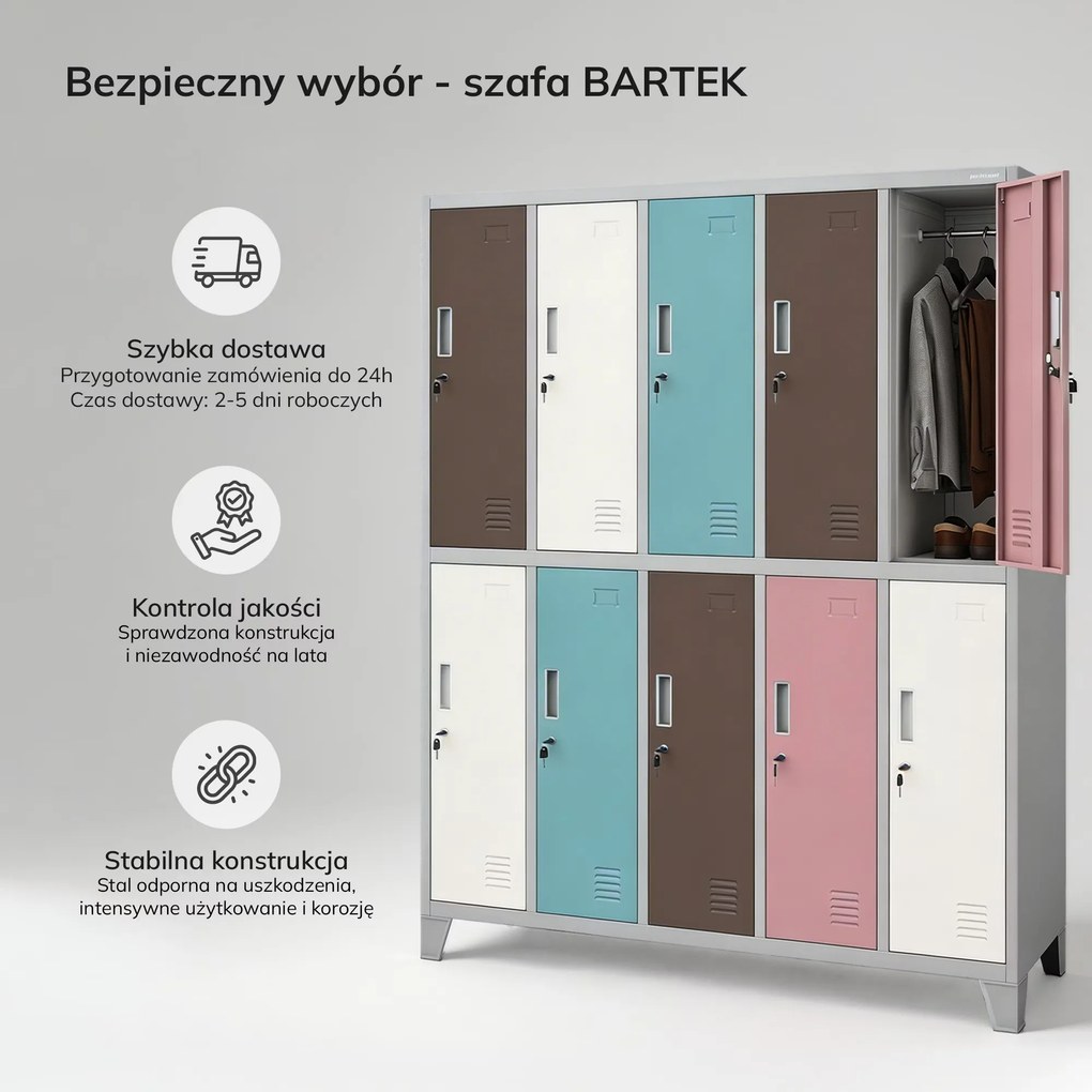 Szafa socjalna ubraniowa 10-drzwiowa szaro-pastelowa, 1360x1720x450 mm: BARTEK