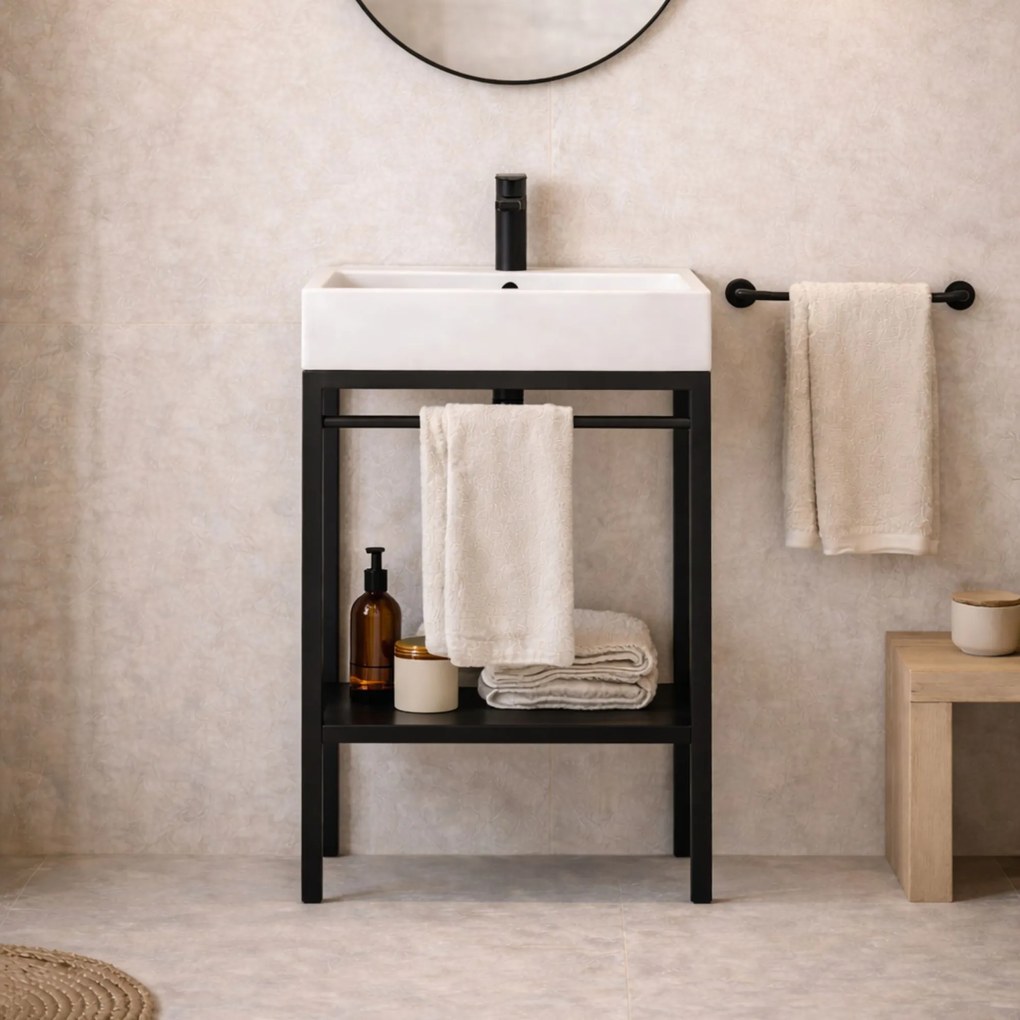 Zestaw umywalka z konglomeratu NAVI 60 x 45 cm + stojąca konsola NAVI Step | Różne kolory | Różne rozmiary : Kolor - Czarny, Otwór na baterię - Jeden otwór, Rozmiar - 70 x 45 cm