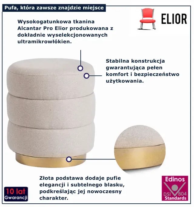 Beżowa okrągła pufa tapicerowana - Evir 4X