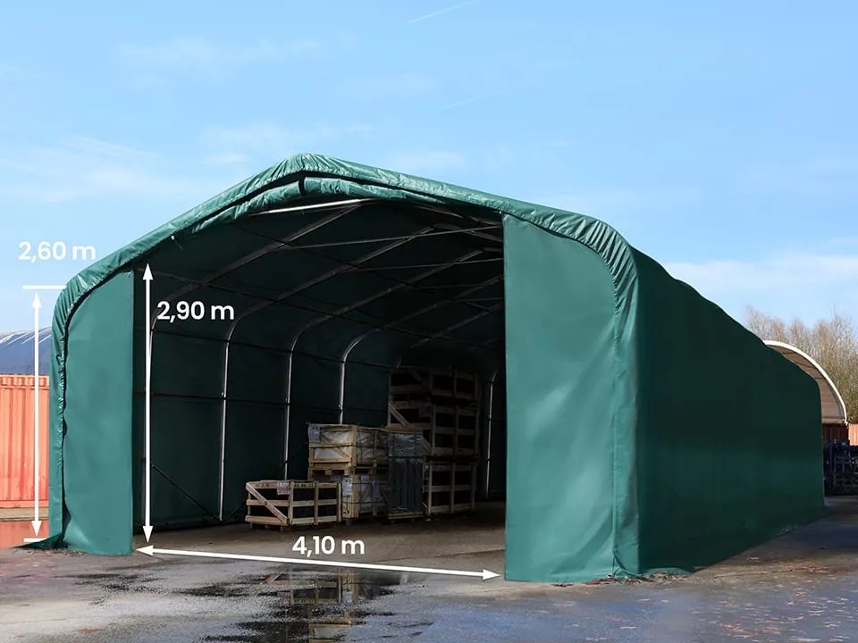 TOOLPORT 6x18m Hala namiotowa - 2,6 m wysokość ścian bocznych z 4,1x2,9m brama, PVC 850, ciemnozielony, ze statyką (podłoże gruntowe) - (49419)