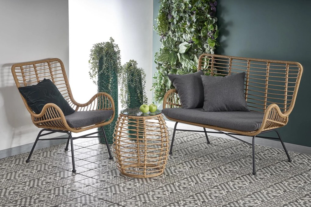 IKARO XL sofa naturalny-popiel, rattan, tkanina, boho, skandynawski