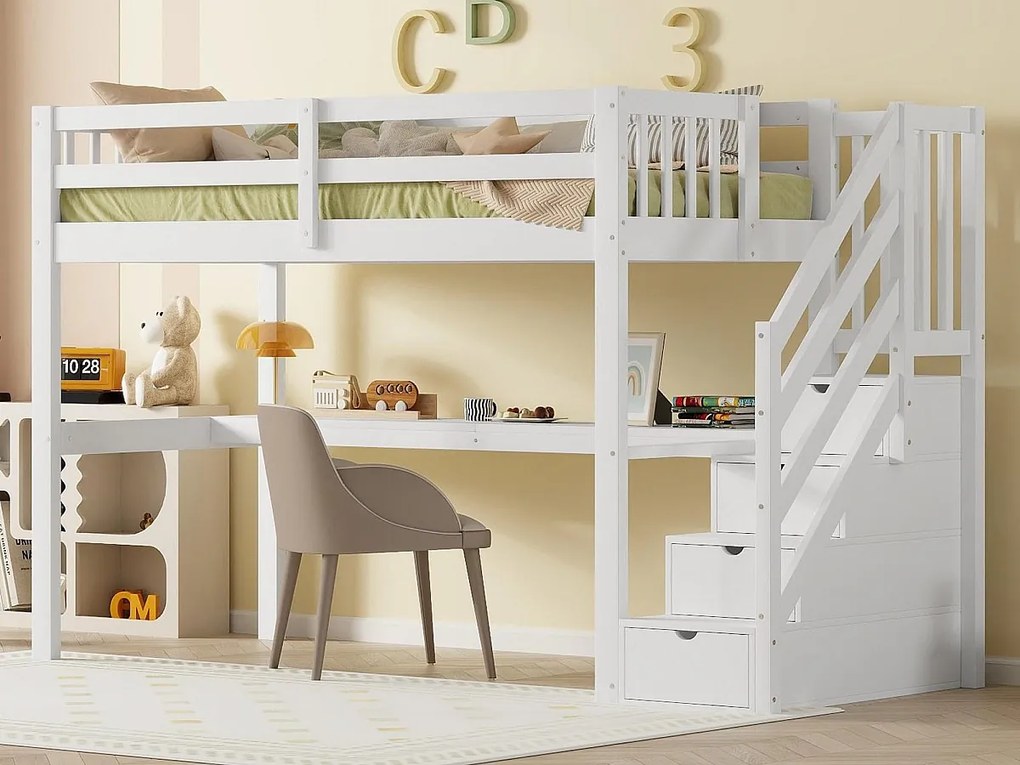 Łóżko mezzanine z drewna sosnowego - 90x200cm - z schodami do przechowywania i biurkiem - z stelażem na listwy - Białe