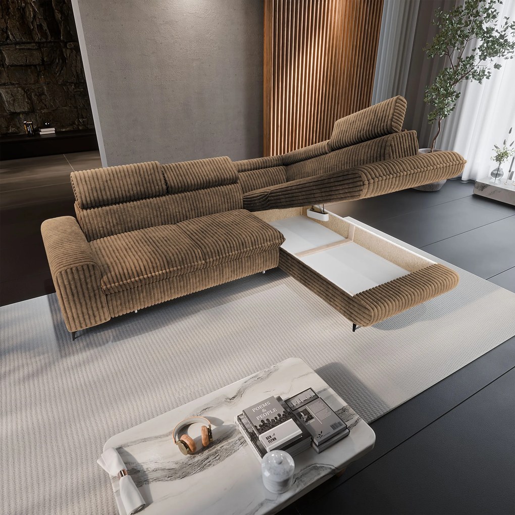 Masseno Narożnik VELISS z funkcją spania i pojemnikiem na pościel Rozkładana sofa do Salonu - Beżowy, TILIA 17