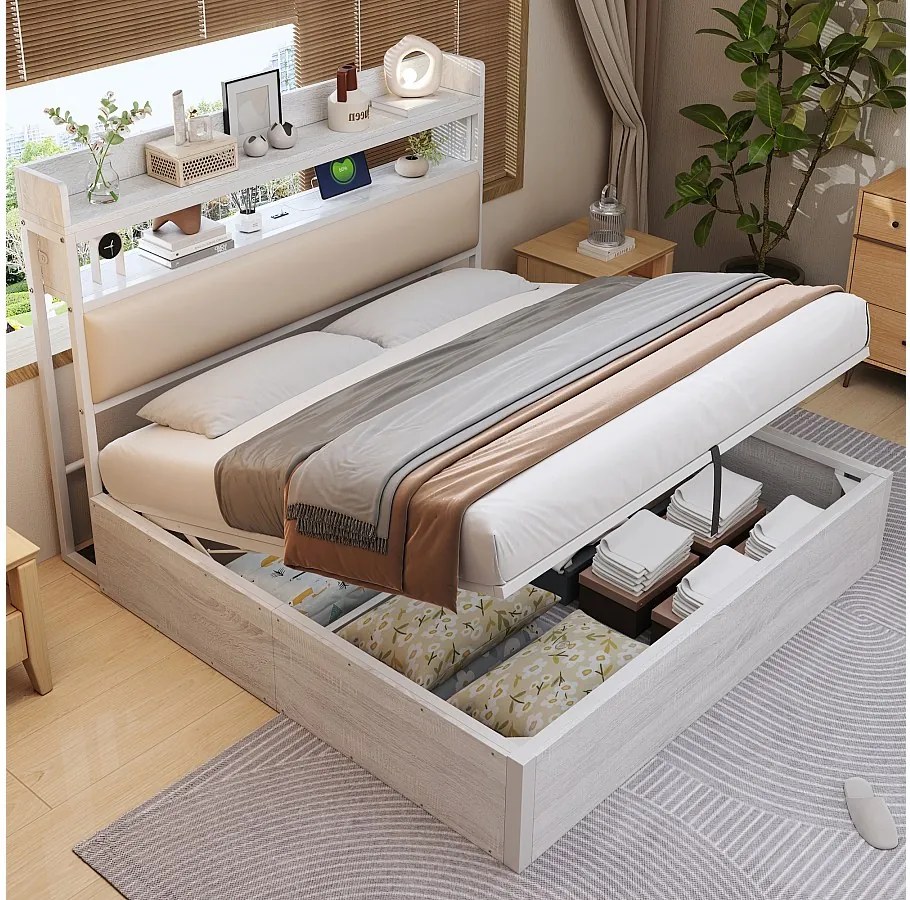 Łóżko vintage ze schowkiem - 180 x 200 - z USB + tapicerowany zagłówek ze schowkiem - Metal + tkanina + MDF - białe